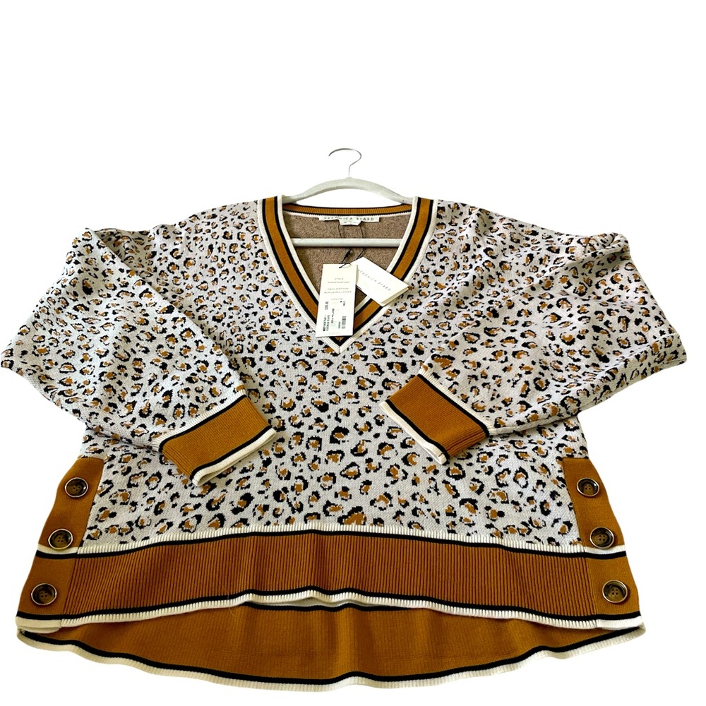 Veronica Beard Leopard V Neck Pullover Sweater. 69% Wool. Size: M.